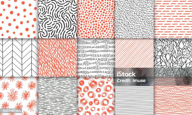 Abstract Hand Drawn Geometric Simple Minimalistic Seamless Patterns Set Polka Dot Stripes Waves Random Symbols Textures Bright Colorful Vector Illustration Template For Your Design Stock Illustration - Download Image Now