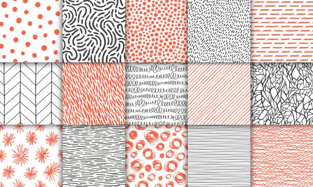 Vector illustration of Abstract hand drawn geometric simple minimalistic seamless patterns set. Polka dot, stripes, waves, random symbols textures. Bright colorful vector illustration. Template for your design