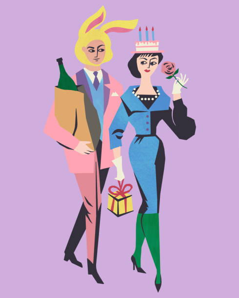 Bizarre Couple with Rabbit Ears and Birthday Cake on Heads
