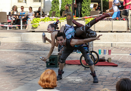 Cracow, Poland - July 5, 2018: Performance of The Happy Hour Show performed by Duo Looky from Israel at 31th Street - International Festival of Street Theatres in Cracow, Poland.