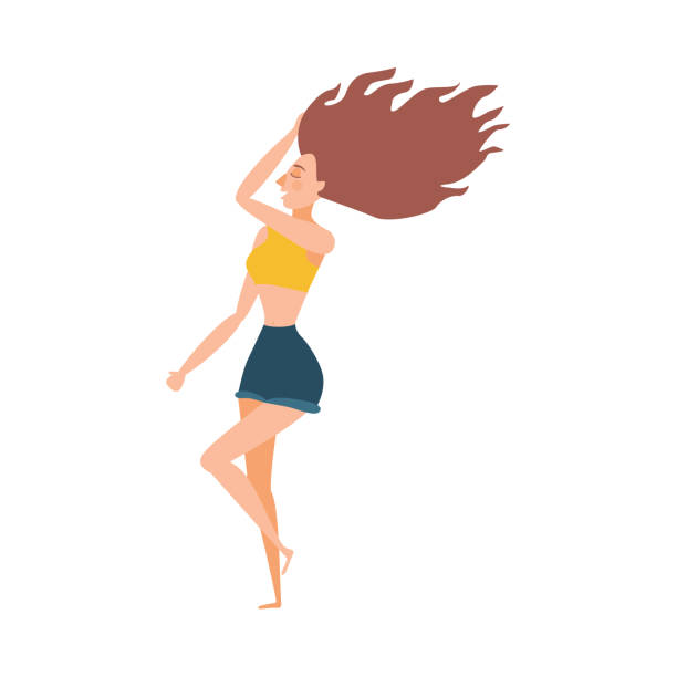 ビーチ パーティーで踊るベクトル フラットかわいい女の子 - blond hair cartoon women beach点のイラスト素材／クリップアート素材／マンガ素材／アイコン素材