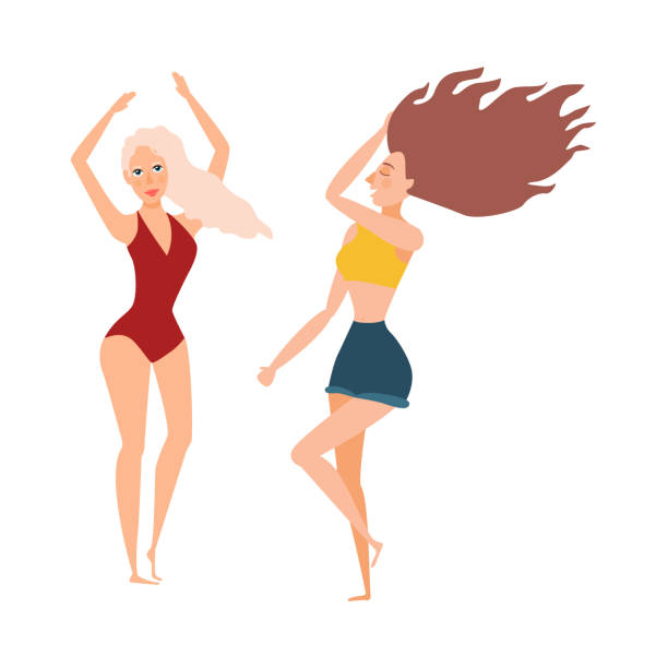 ベクトル少女ビーチ パーティー セットでダンス - blond hair cartoon women beach点のイラスト素材／クリップアート素材／マンガ素材／アイコン素材