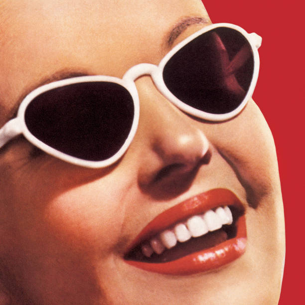 ilustrações de stock, clip art, desenhos animados e ícones de closeup of smiling face with sunglasses - color image colored background close up human face