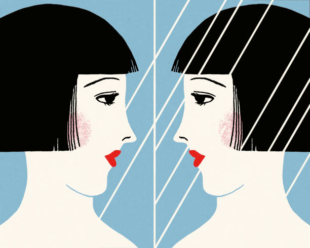 여자 루킹 만들진 미러 - mirror women reflection human face stock illustrations