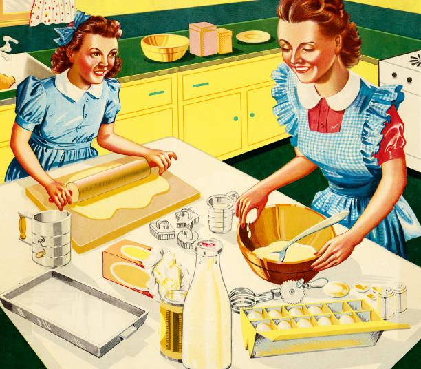 ilustraciones, imágenes clip art, dibujos animados e iconos de stock de madre e hija de cocción en cocina - stereotypical housewife little girls family domestic kitchen
