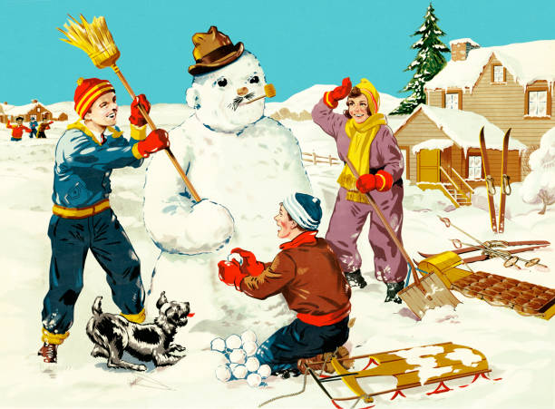 ilustrações de stock, clip art, desenhos animados e ícones de children making a snowman - group of people teenager snow winter