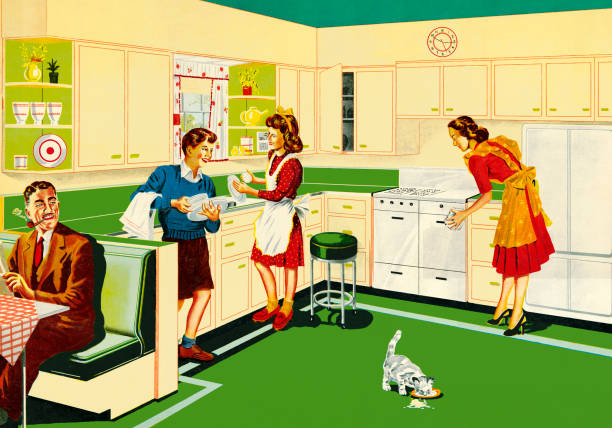 ilustrações de stock, clip art, desenhos animados e ícones de family in the kitchen - two parent family indoors home interior domestic kitchen