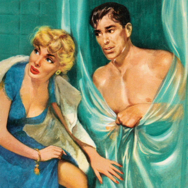 ilustrações de stock, clip art, desenhos animados e ícones de woman next to man behind a curtain - infidelity sensuality couple men