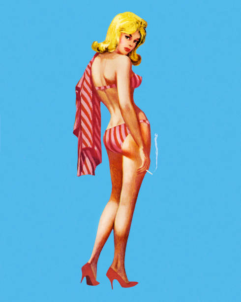 illustrazioni stock, clip art, cartoni animati e icone di tendenza di donna in bikini guardando indietro - pin up