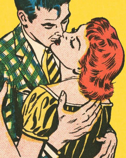 ilustrações de stock, clip art, desenhos animados e ícones de couple kissing - color image colored background close up human face