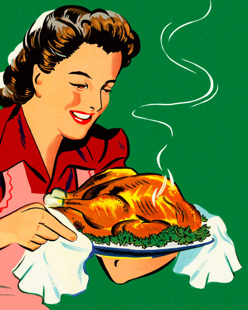 frau hält ein gebratenes huhn - thanksgiving dinner plate food stock-grafiken, -clipart, -cartoons und -symbole