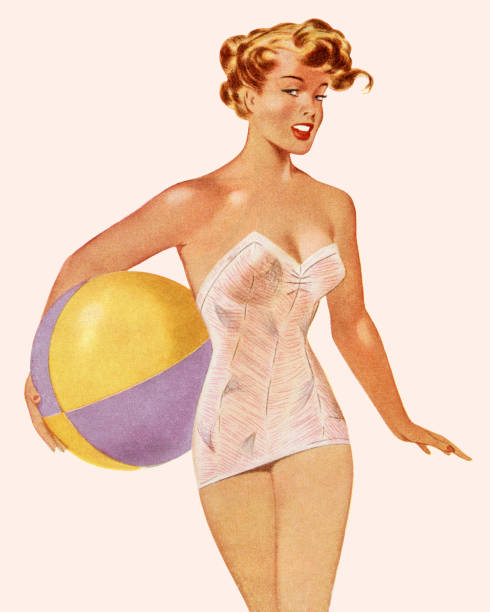 illustrazioni stock, clip art, cartoni animati e icone di tendenza di donna in costume da bagno con in mano un pallone da spiaggia - pin up