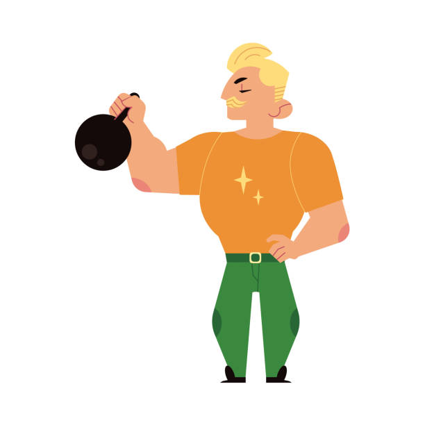 ilustrações, clipart, desenhos animados e ícones de homem forte de atleta halterofilista kettlebell elevação - circus strongman men muscular build