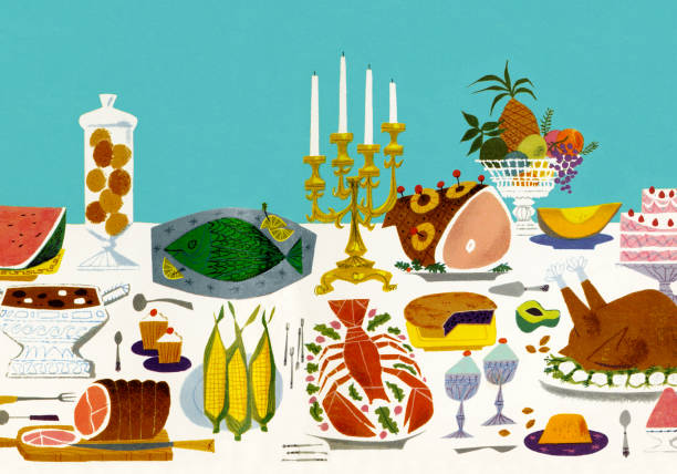 таблица с тарелками еды - color image colored background blue background animal stock illustrations