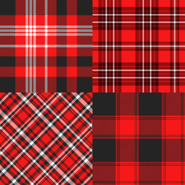 레드, 블랙과 화이트에서 원활한 사기 퀼트 패턴 - plaid textile christmas pattern stock illustrations