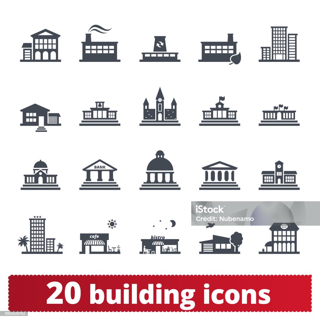 Building Vector Icons Collection Building vector icons. Public, government, education and personal houses. User interface design elements of places for maps, web interface and mobile services. Isolated on white background. Icon Symbol stock vector