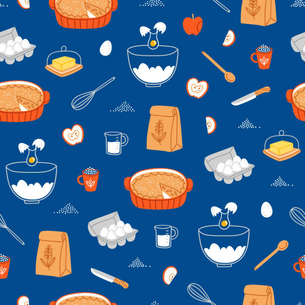 Apple pie ingredients pattern on blue background - ilustração de arte vetorial