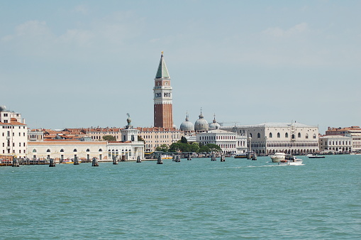 Gondola at St Marks Square Venice Italy in the morning looking towards Lido - Photo printed on artist´s Canvas with brush strokes