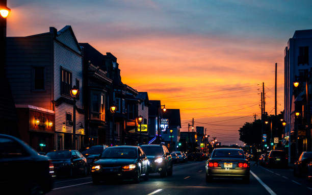 Milwaukee skyline at sunset time. Kinnickinnic Avenue, Bay View district.\nWisconsin, USA