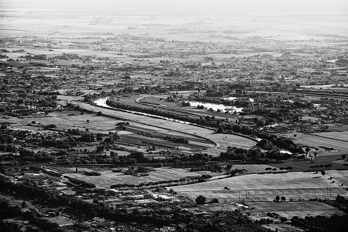 Black and white aerial panorama of a Tuscan province: Pisa, as seen from Mt. Serra