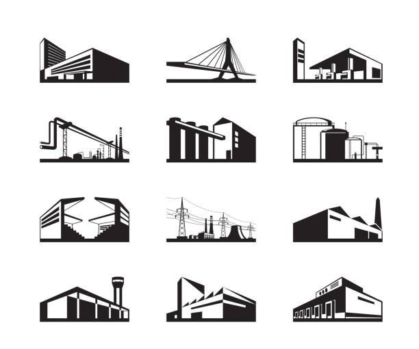 illustrazioni stock, clip art, cartoni animati e icone di tendenza di vari tipi di edilizia industriale - stadio illustrazioni