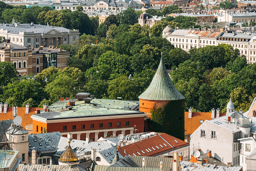 Riga, Latvia. Cityscape In Sunny Summer Day. Famous Landmark - Powder Tower.