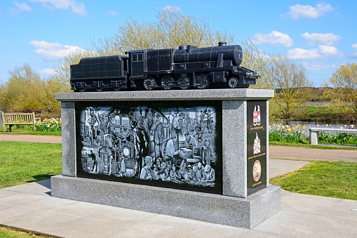The railway industry memorial at the National Memorial Arboretum, Alrewas, Staffordshire, England, UK, Western Europe.