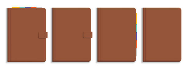 ilustrações, clipart, desenhos animados e ícones de conjunto de ilustrações vetoriais de diário de couro marrom com marcadores coloridos, isolado no fundo branco - leather folder