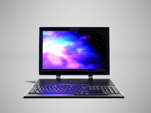 istock Desktop computer with monitor and keyboard in front 3d render on gray background with shadow 1003566278