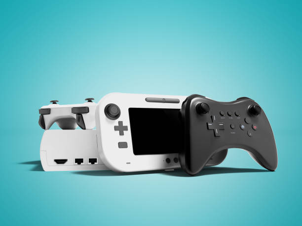 istock Modern game console with blackjack and white jazyk with portable game console 3D render on blue background with shadow 1003566294