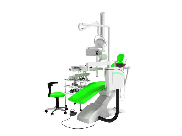 istock Modern green chair for dentist with white bedside table with tools and lighting for dental work 3d render on white background no shadow 1003566310