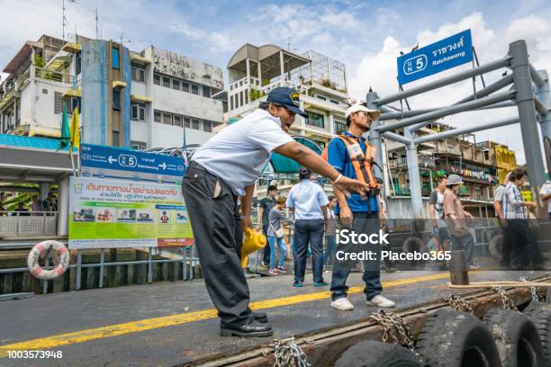 Chao Phraya Express Boat Ratchawong Pier Bangkok Stock Photo - Download Image Now - Security Guard, Air Pollution, Bangkok