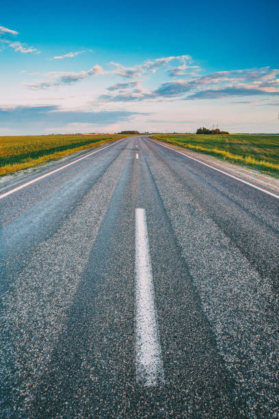 istock Asphalt Open Road Through Spring Fields And Meadows In Sunny Evening. Landscape In Belarus Or European Part Of Russia In Early Summer Season At Sunny Day 1003578206
