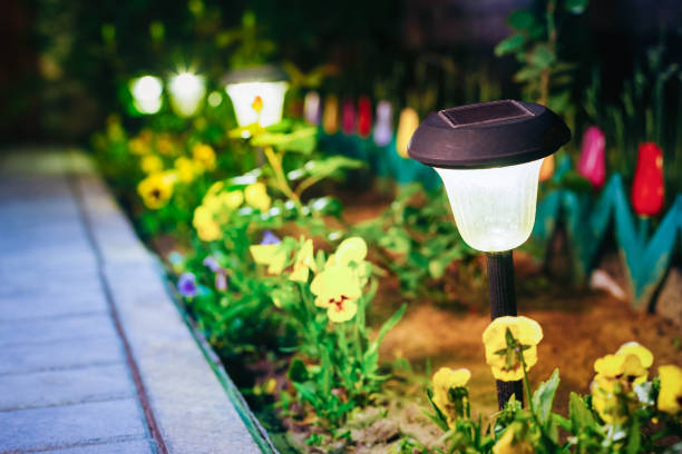 istock Solar Garden Light, Lanterns In Flower Bed. Garden Solar Powered Lamp 1003578264
