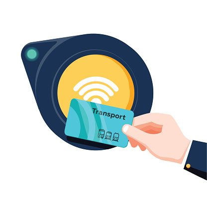 Hand holding transport card near terminal. Airport, metro or bus and subway ticket terminal validator. Wireless, contactless or cashless payments, RFID NFC. Vector illustration in flat style.