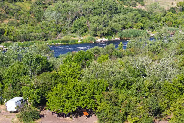 Photo of Southern Bug river landscape with famous rapid Red Gate or Integral in Migeya, Ukraine.