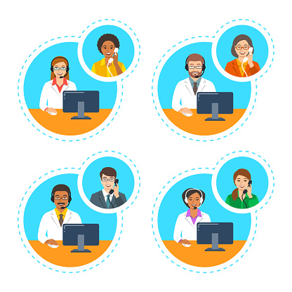 Medical call center support operators. Doctors with headsets talk by phone with patients. Vector cartoon illustration. Customer care service online. Women and men of different ethnicity in white coats