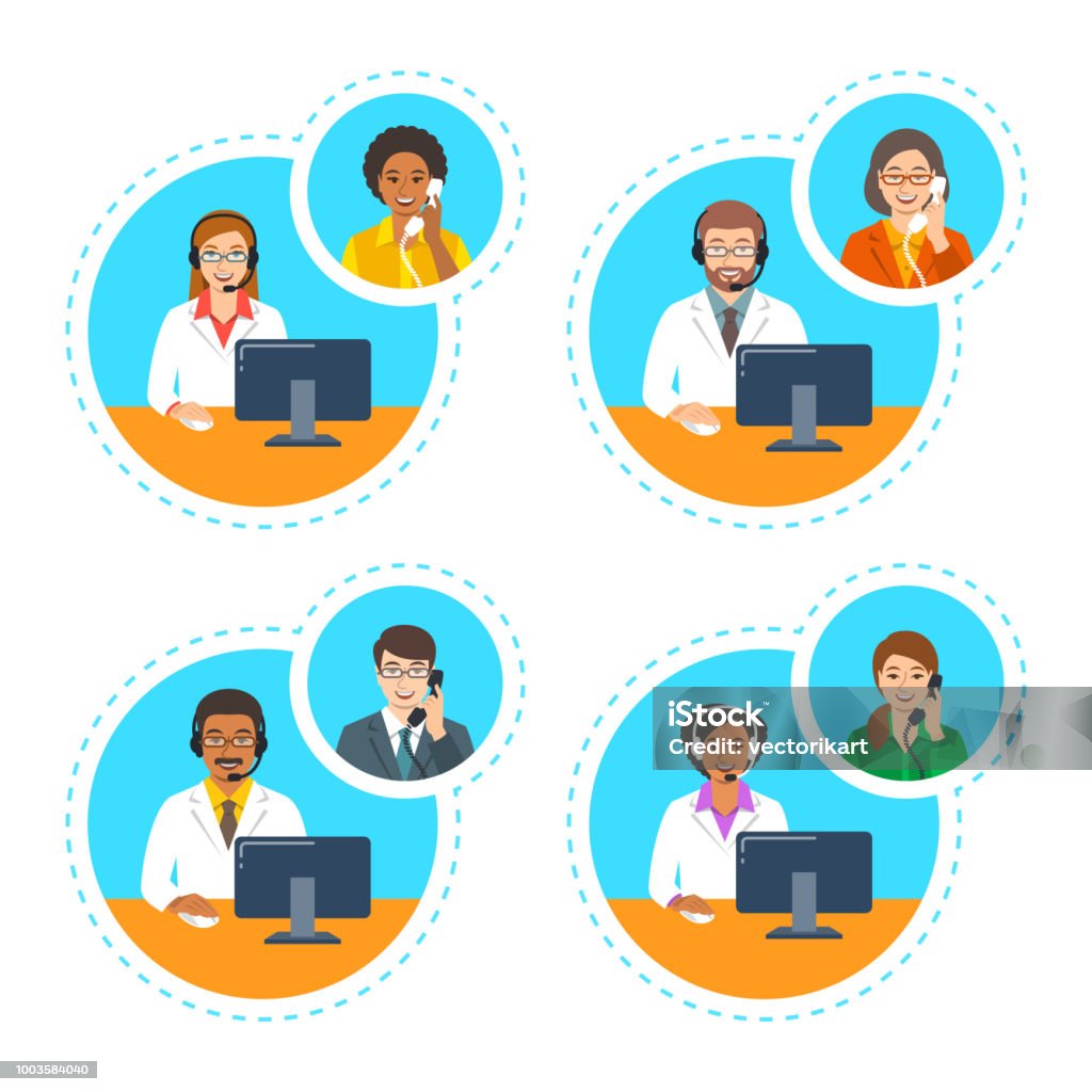 Doctors with headsets talk by phone with patients Medical call center support operators. Doctors with headsets talk by phone with patients. Vector cartoon illustration. Customer care service online. Women and men of different ethnicity in white coats Using Phone stock vector