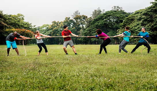 Men having fun on a picnic pulling rope