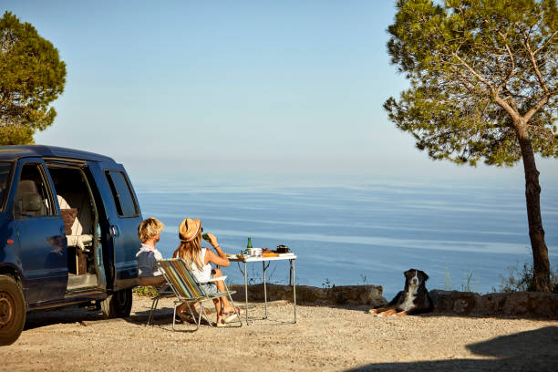 Couple enjoying nature by mini van after road trip