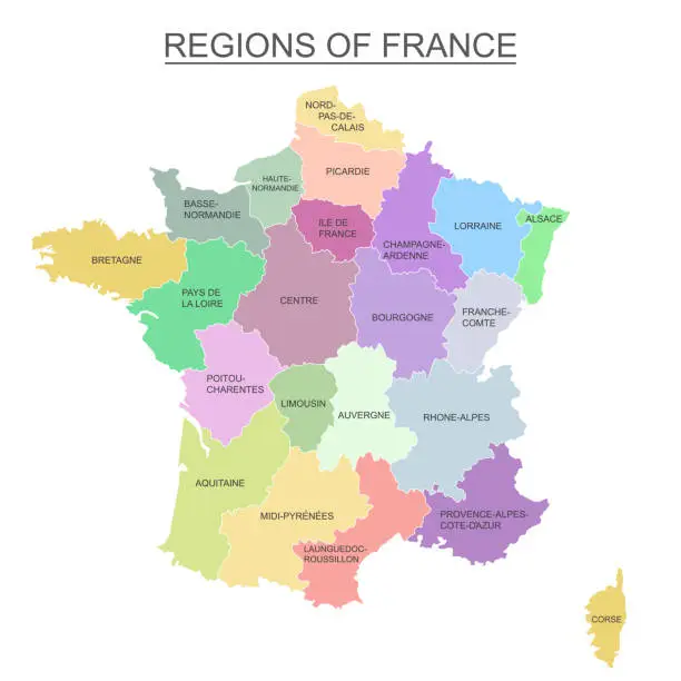 Vector illustration of Interactive colorful map of metropolitans French regions on white background