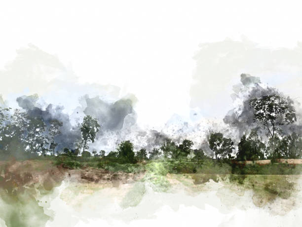 istock Abstract tree and field landscape on watercolor painting background. 1003594358