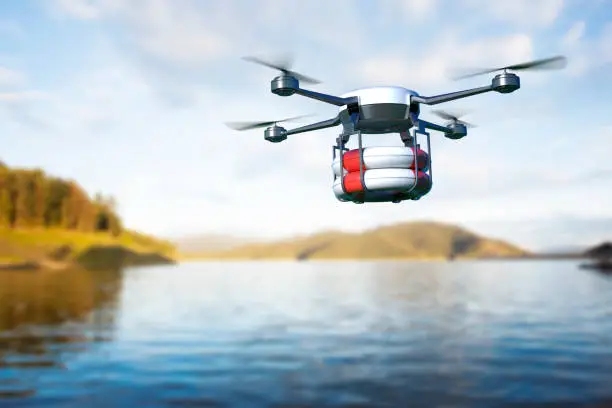 Rescue drone with lifebuoy flying over the lake. 3D illustration