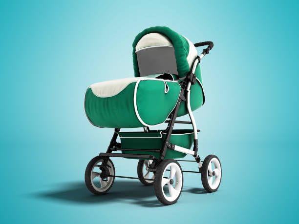 istock Modern emerald baby carriage for any weather with white inserts 3d render on blue background with shadow 1003602970