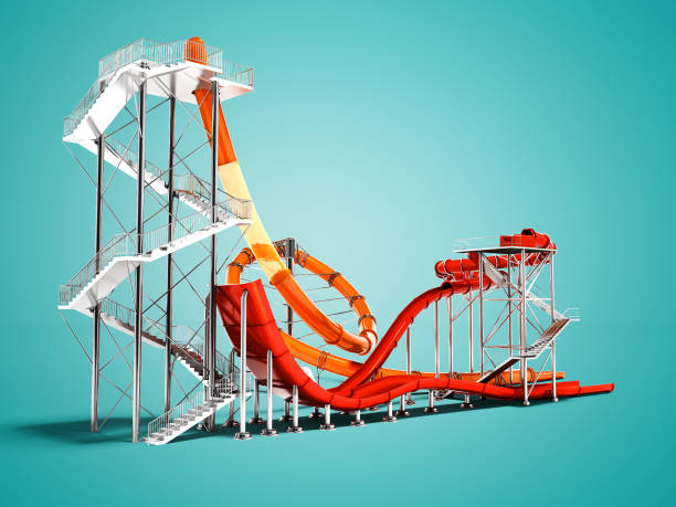 istock Modern large slides for water park and beach entertainment in summer 3d rendering on blue background with shadow 1003603004