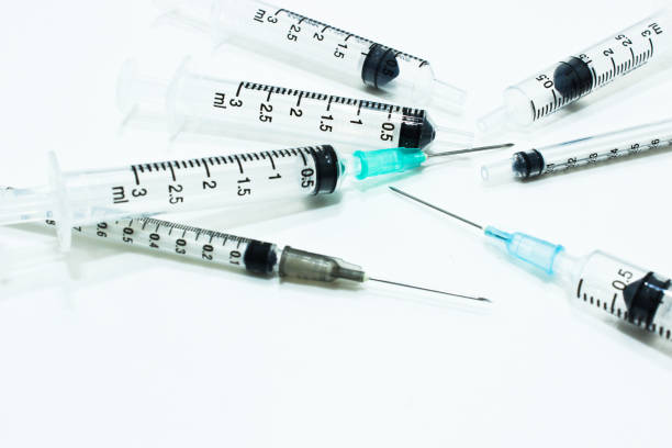 istock 3 ml and 1 ml Plastic Syringe with Needle Isolated on the White Background 1003606004