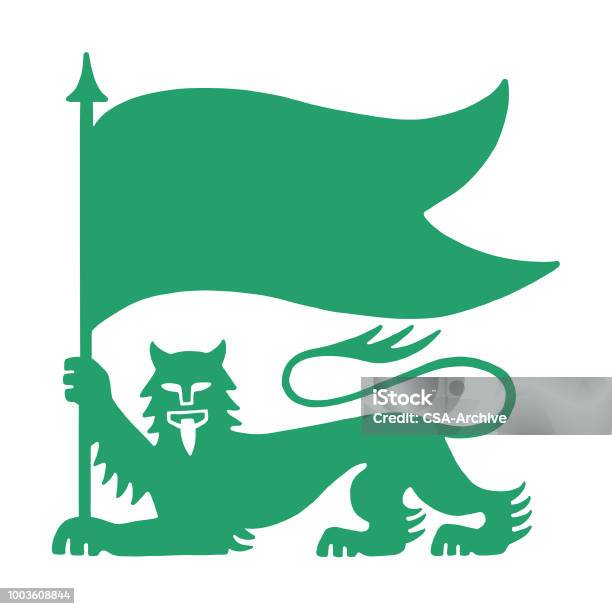 Lion Holding Flag Stock Illustration - Download Image Now - Logo, Lion - Feline, Flag