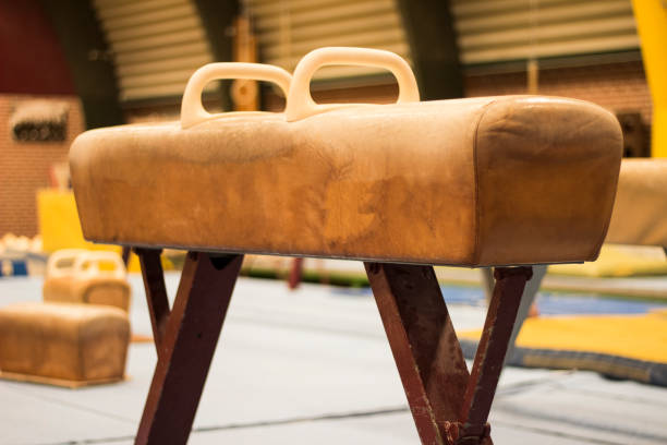 Young boy practicing gymnastics in school gym, jumping over a pommel horse with his classmates waiting in line