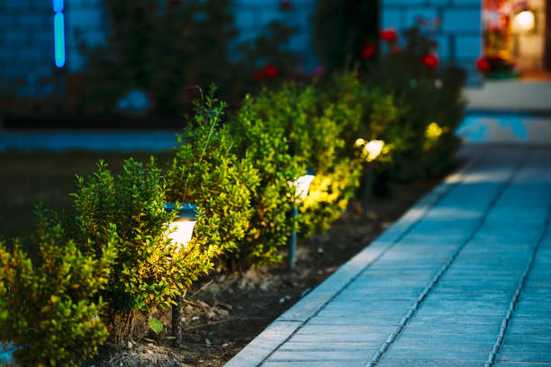 night view of flowerbed with flowers illuminated by energy-saving solar powered lanterns along path causeway on courtyard going to the house - illuminated imagens e fotografias de stock