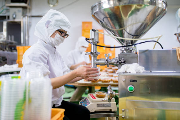 lavoratori in una fabbrica di trasformazione alimentare che confeziona cibo - food processing plant manufacturing factory food foto e immagini stock